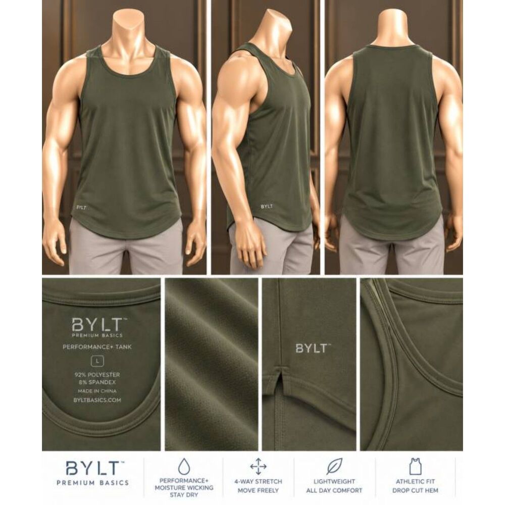 BYLT Premium Basics Men's Large Olive Drop Cut Tank Top Performance